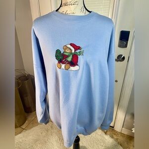 Vintage GAP Women's XL Sweatshirt Baby Blue Christmas Bear Bell Embroidered Ugly
